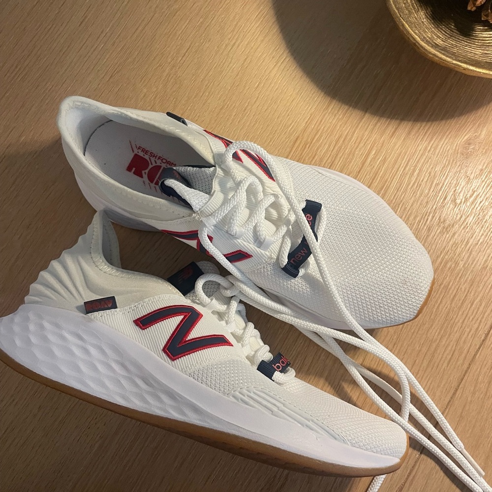 New Balance White and Red Athletic Shoes